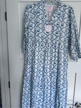 Victoria Dunn White Maxi Dress with Blue Floral Print